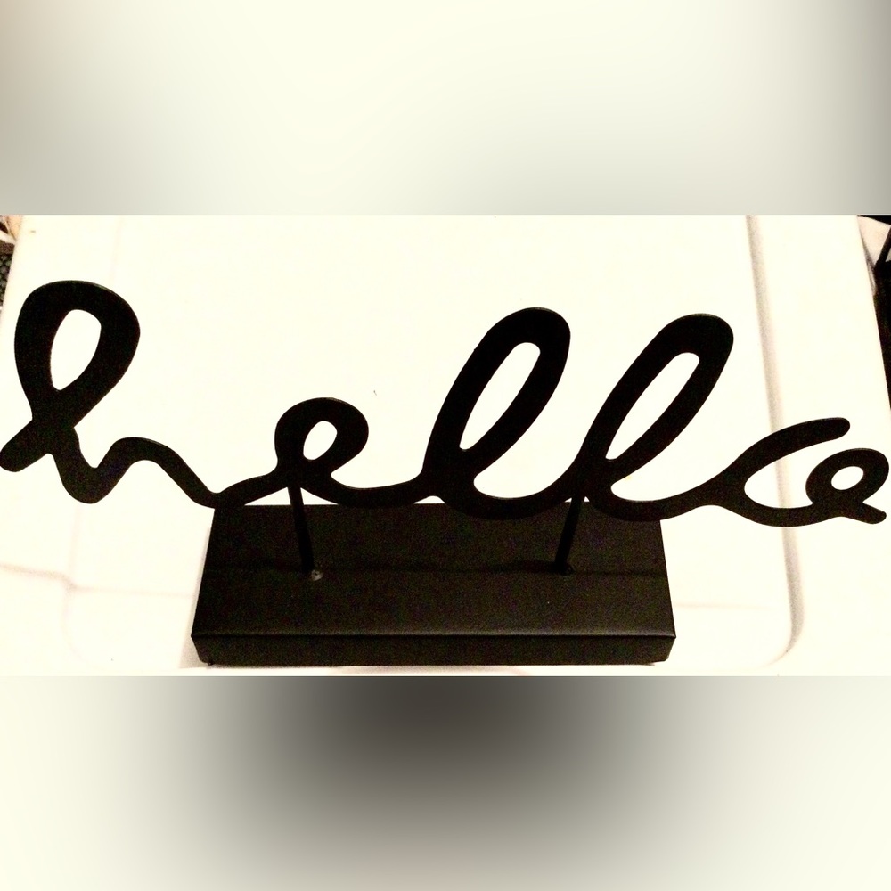 “Hello” Metal Sign; Black Metal sign attached to metal stand